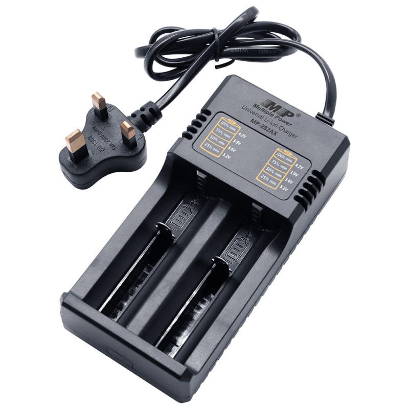 MP-282AX ,Universal Li-ion Battery Charger – Dual Slot, 3.7V Cylindrical Cell Support, Fast Charging up to 2A