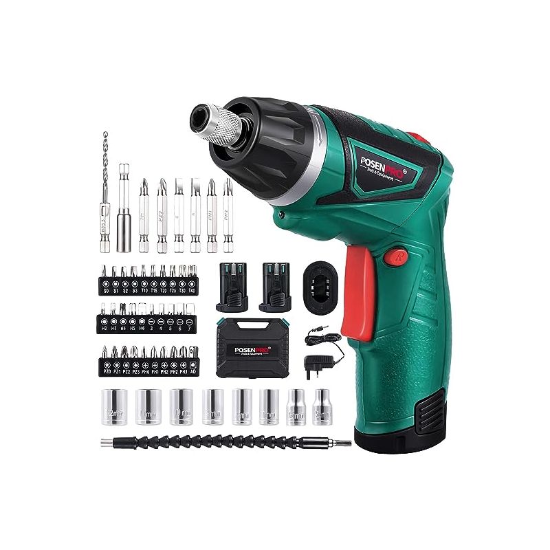 POSENPRO 9N.m Cordless Electric Screwdriver - with 48 Accessories BMC Set, 2Pcs Rechargeable 7.2V 1500mAh Li-ion Batteries, 6+1 Torque Gears, Adjustable 2 Position Handle, and a Built-In LED Light