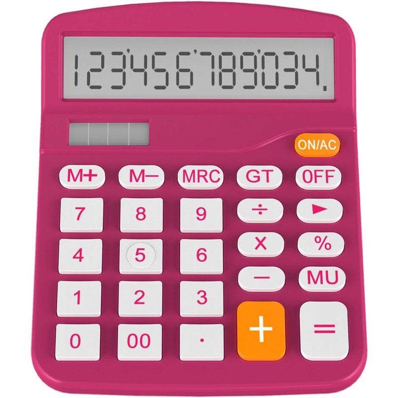 Large Button Desktop Calculator, Dual-Powered, Pink, LCD Display,12-Digit