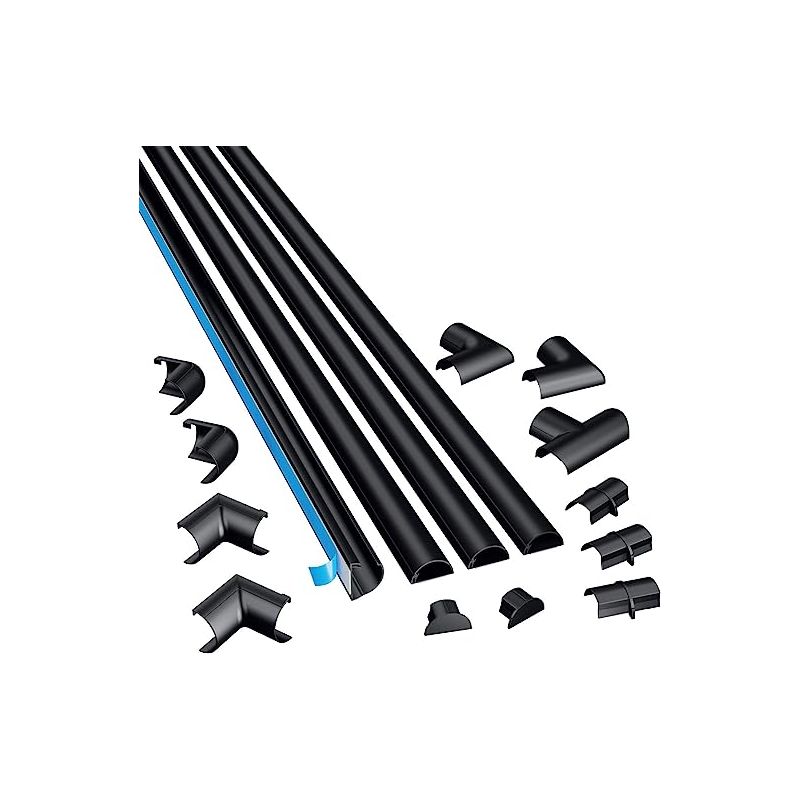 D-Line 2010KIT002 4-meter Micro + Cable Trunking Multipack; Half Round Cable Hiders; Decorative Cable Tidy; Self-Adhesive Wire Covers - 4x 20mm (W) x 10mm (H) x 1-meter Lengths & 12 Accessories - Black