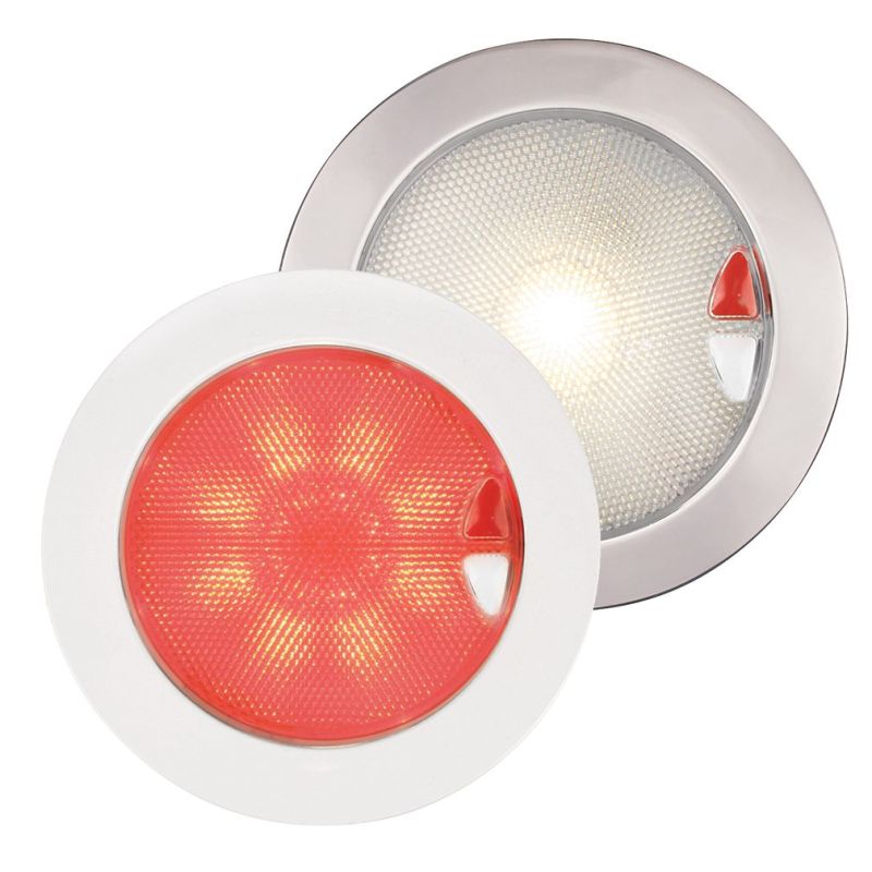 Warm white/red euro LED 150 touch lamp multivolt 9-33VDC IP67.Polished stainless steel rim.