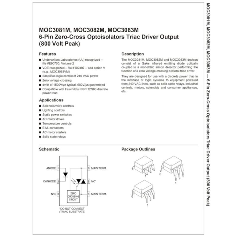 MOC3083,Zero-Cross Optoisolator Triac Driver Output,800V,6-Pin