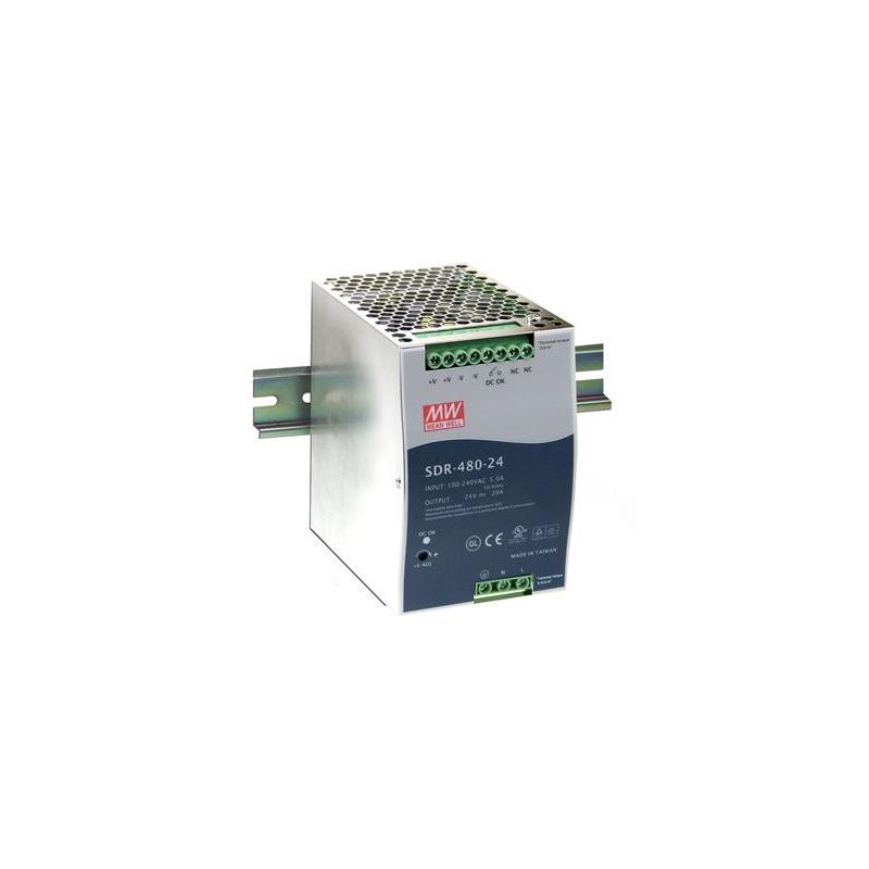 SDR-480-24 AC-DC Industrial DIN rail power supply; Output 24Vdc at 20A; Metal casing; Ultra slim width 85.5mm