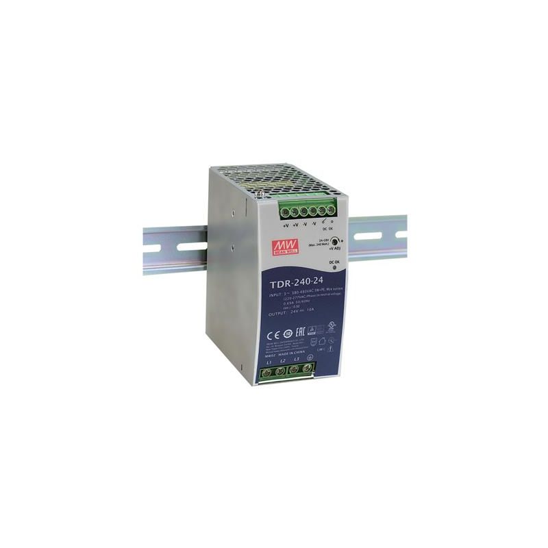 TDR-240-24 AC-DC Industrial 3-phase DIN rail power supply with PFC and Constant Current; Output 24VDc at 10A; DC