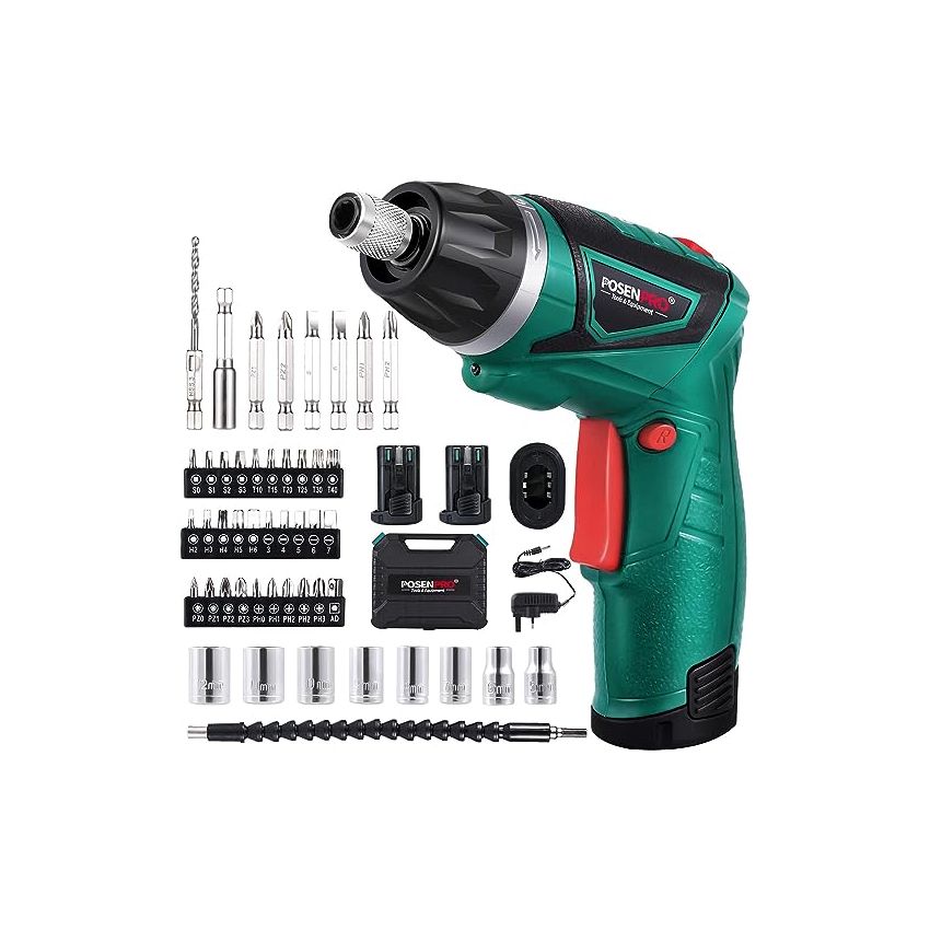 POSENPRO 9N.m Cordless Electric Screwdriver - with 48 Accessories BMC Set, 2Pcs Rechargeable 7.2V 1500mAh Li-ion Batteries, 6+1 Torque Gears, Adjustable 2 Position Handle, and a Built-In LED Light