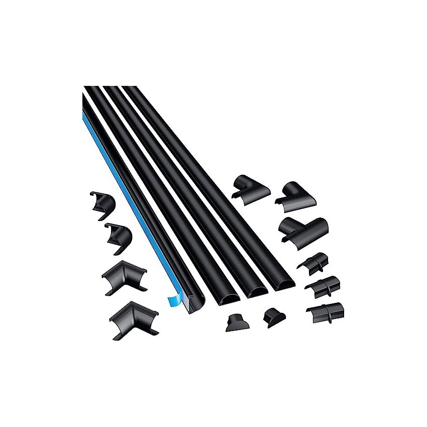 D-Line 2010KIT002 4-meter Micro + Cable Trunking Multipack; Half Round Cable Hiders; Decorative Cable Tidy; Self-Adhesive Wire Covers - 4x 20mm (W) x 10mm (H) x 1-meter Lengths & 12 Accessories - Black