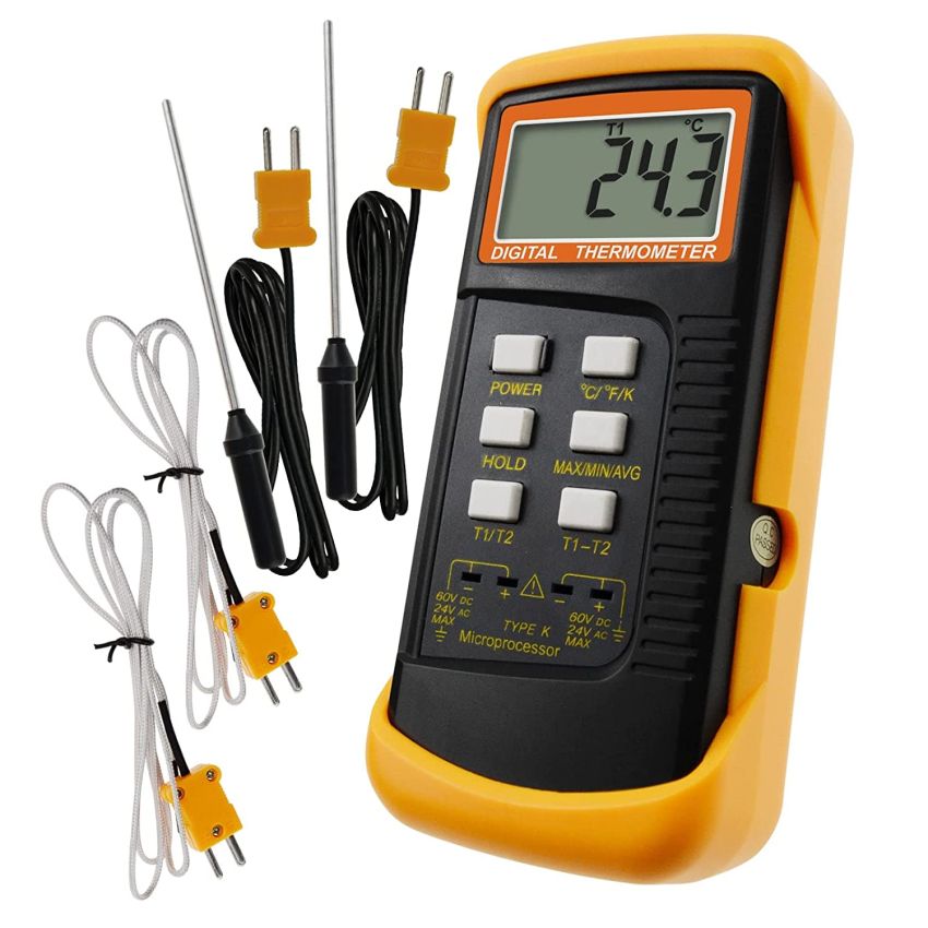 Digital 2 Channels K-Type Thermometer w/ 4 Thermocouples (Wired & Stainless Steel), -50~1300Â°C (-58~2372Â°F) Handheld Desktop High Temperature Kelvin Scale Dual Measurement Meter Sensor