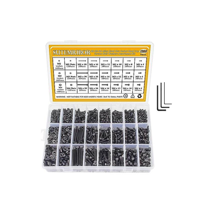 M2 M3 M4 Alloy Steel Screws Nuts and Washers 1200PCS Sutemribor Hex Socket Head Cap Bolts Screws Nuts Washers Assortment Kit with Hex Wrenches