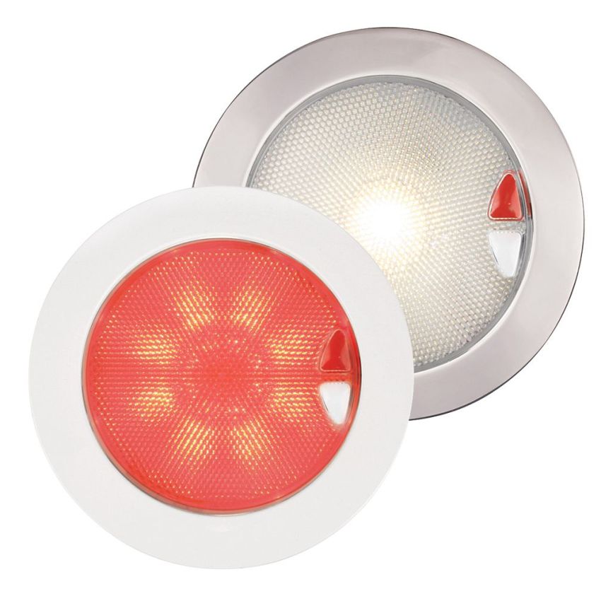 Warm white/red euro LED 150 touch lamp multivolt 9-33VDC IP67.Polished stainless steel rim.