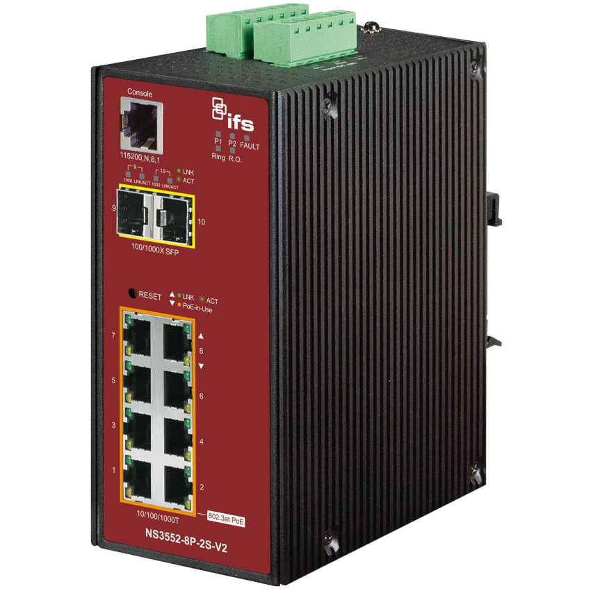 IFS NS3552-8P-2S Industrial Gigabit PoE+ Managed Switch 8-Port 10/100/1000Mbps RJ45 with PoE+ (30W) and 2 SFP Uplink Ports