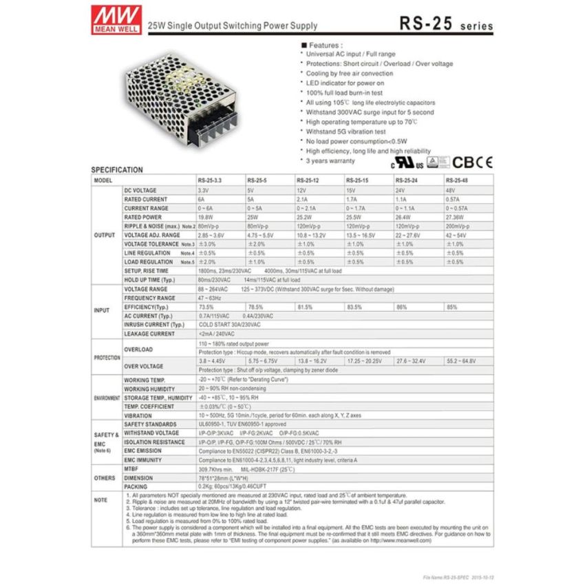 RS-25-3.3,Single Output Switching Power Supply,3.3V,6A