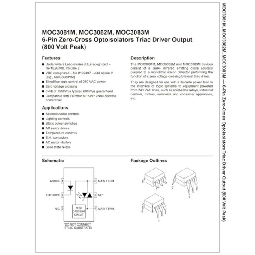 MOC3083,Zero-Cross Optoisolator Triac Driver Output,800V,6-Pin