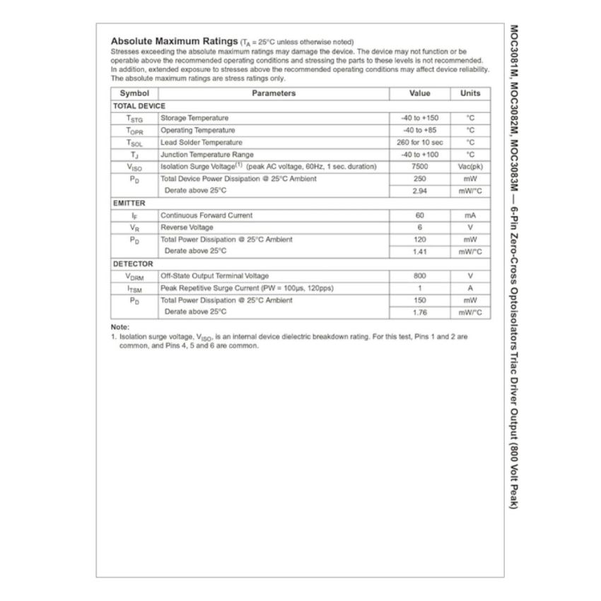 MOC3083,Zero-Cross Optoisolator Triac Driver Output,800V,6-Pin