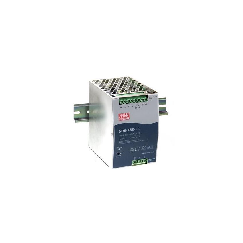 SDR-480-24 AC-DC Industrial DIN rail power supply; Output 24Vdc at 20A; Metal casing; Ultra slim width 85.5mm