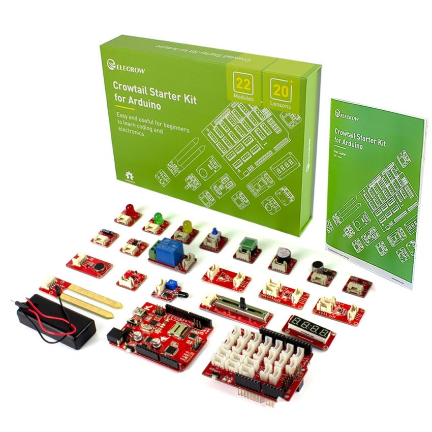 Crowtail Starter Kit for Arduino with 22 Modules, Base Shield, and Over 20 Step-by-Step Tutorials