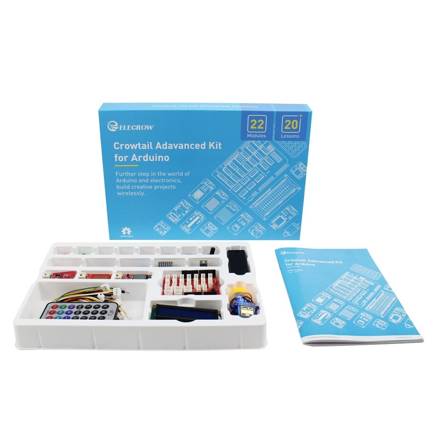 Crowtail Advanced Kit for Arduino V2.0 with 22 Modules, Base Shield, and 22 Progressive Tutorials for STEM Learning