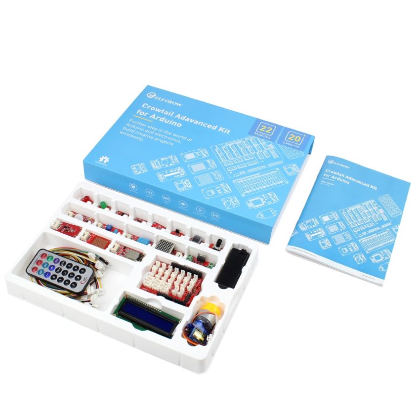 Crowtail Advanced Kit for Arduino V2.0 with 22 Modules, Base Shield, and 22 Progressive Tutorials for STEM Learning