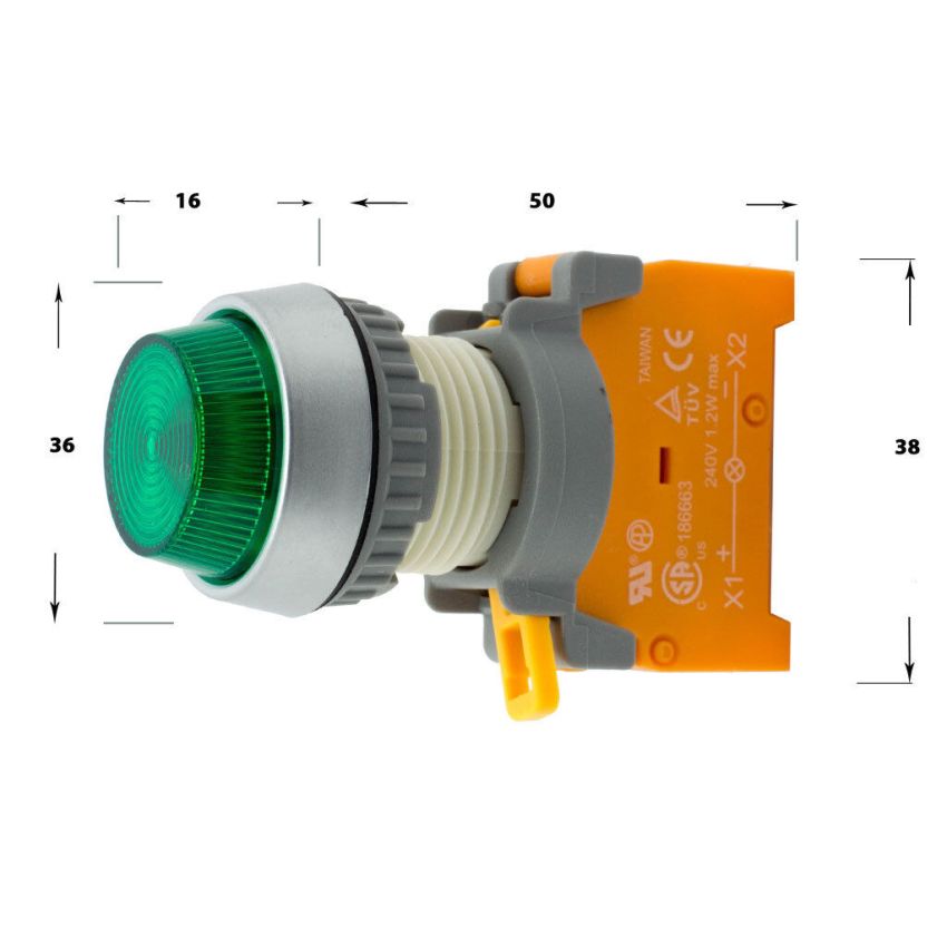 PLN-22C, Green 22mm Pilot Panel Indicator Light – 24VDC, IP65, BA9S Bulb, Auspicious Taiwan