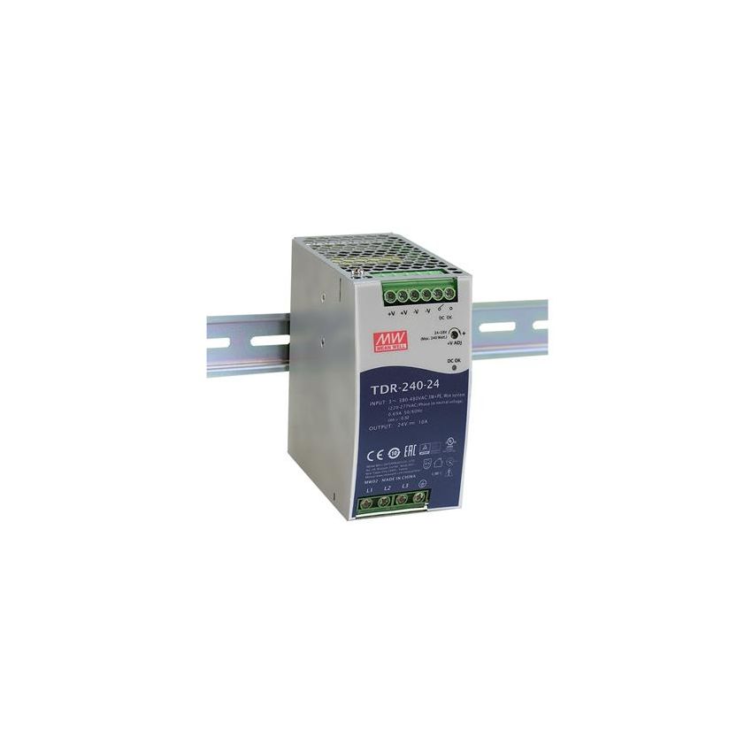 TDR-240-24 AC-DC Industrial 3-phase DIN rail power supply with PFC and Constant Current; Output 24VDc at 10A; DC