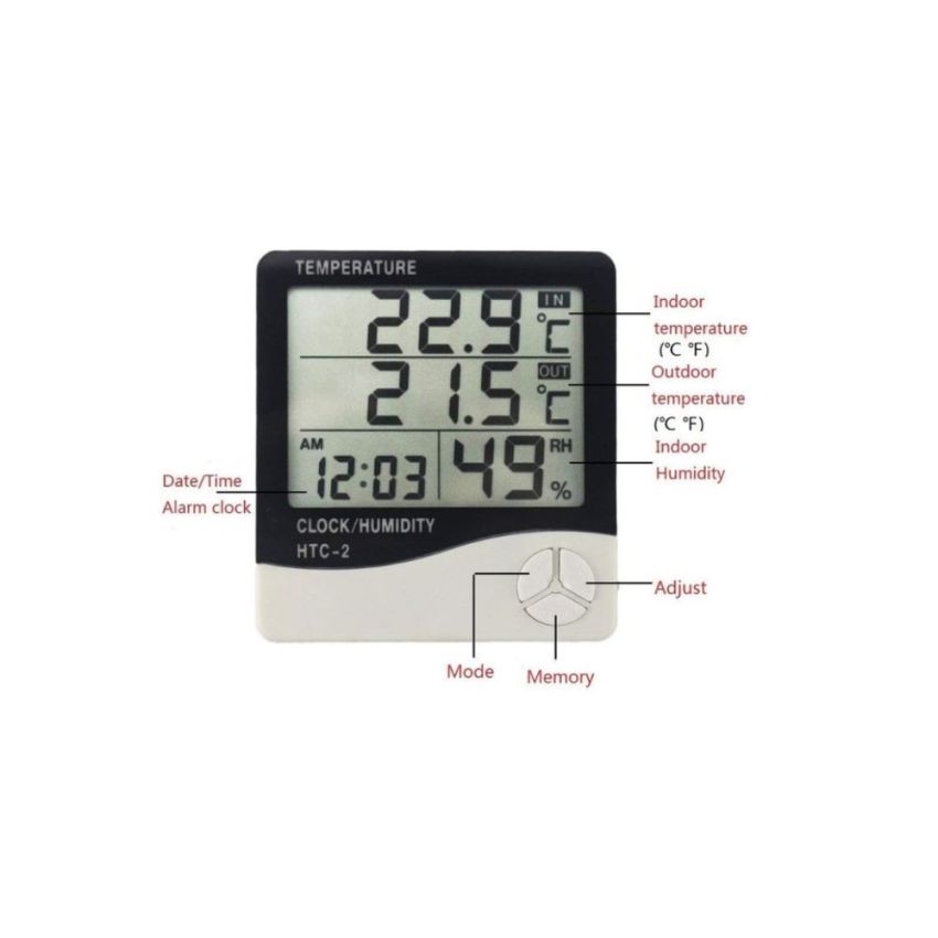 HTC-2, Digital Temperature and Humidity Meter - Indoor and Outdoor Thermometer Hygrometer with LCD Display, ± 1 °C and ± 5%, 70 °C