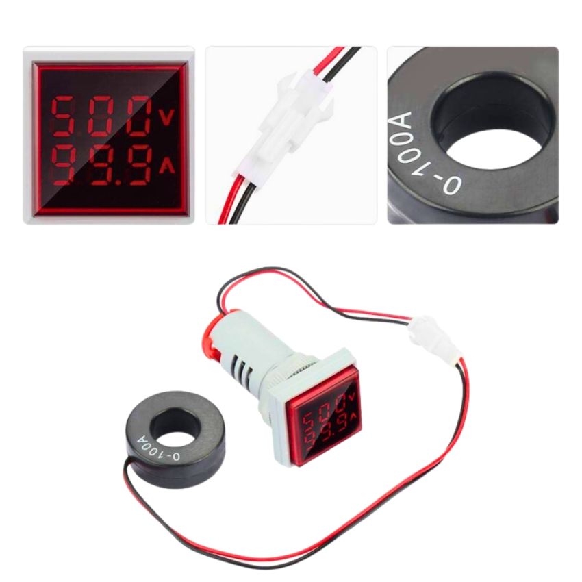 Digital LED Volt Amp HZ AC Ammeter,50-380V,100A,99Hz,3 in 1,22mm,Red