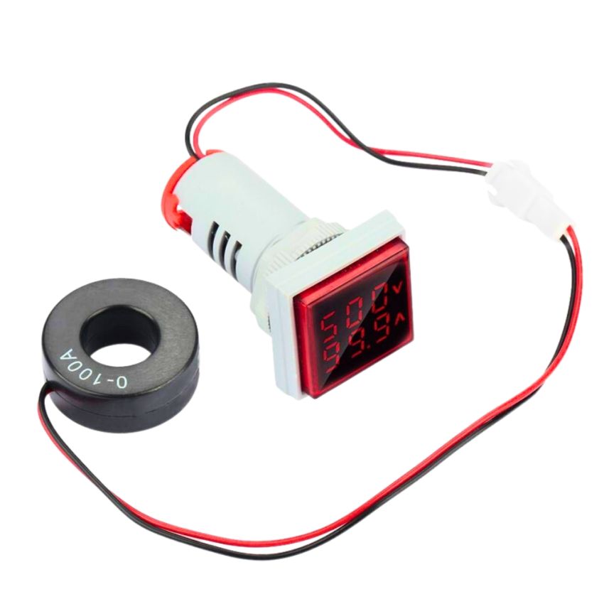 Digital LED Volt Amp HZ AC Ammeter,50-380V,100A,99Hz,3 in 1,22mm,Red