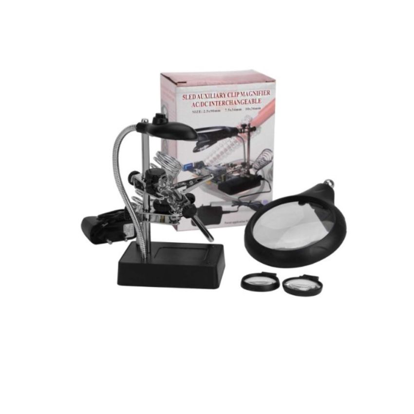 MG16129-C 5 LED Auxiliary Clip Magnifier with Soldering Iron Holder, Soldering Station with Clamp